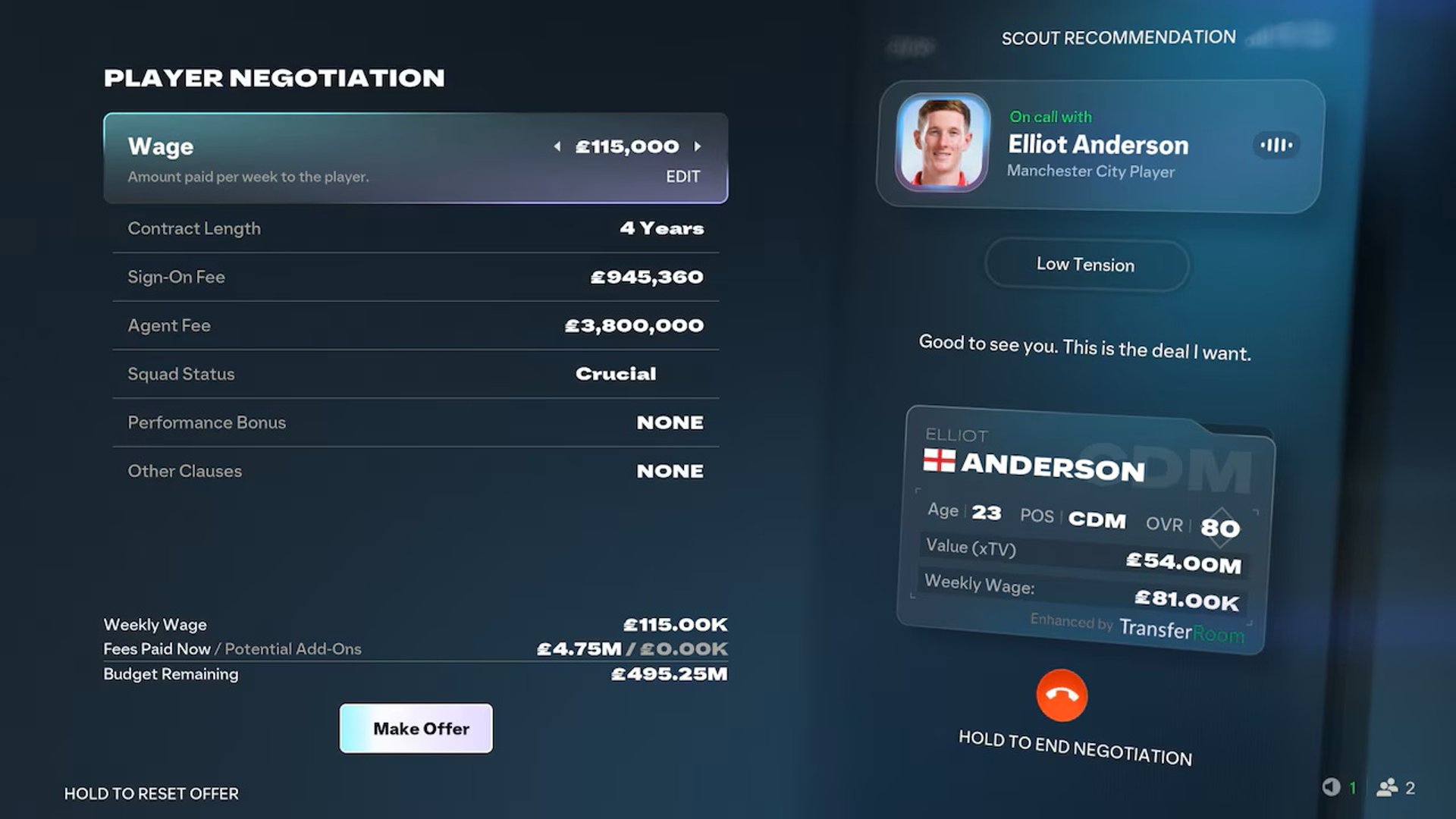 The picture shows the negotiation screen with a player in EA FC 27.