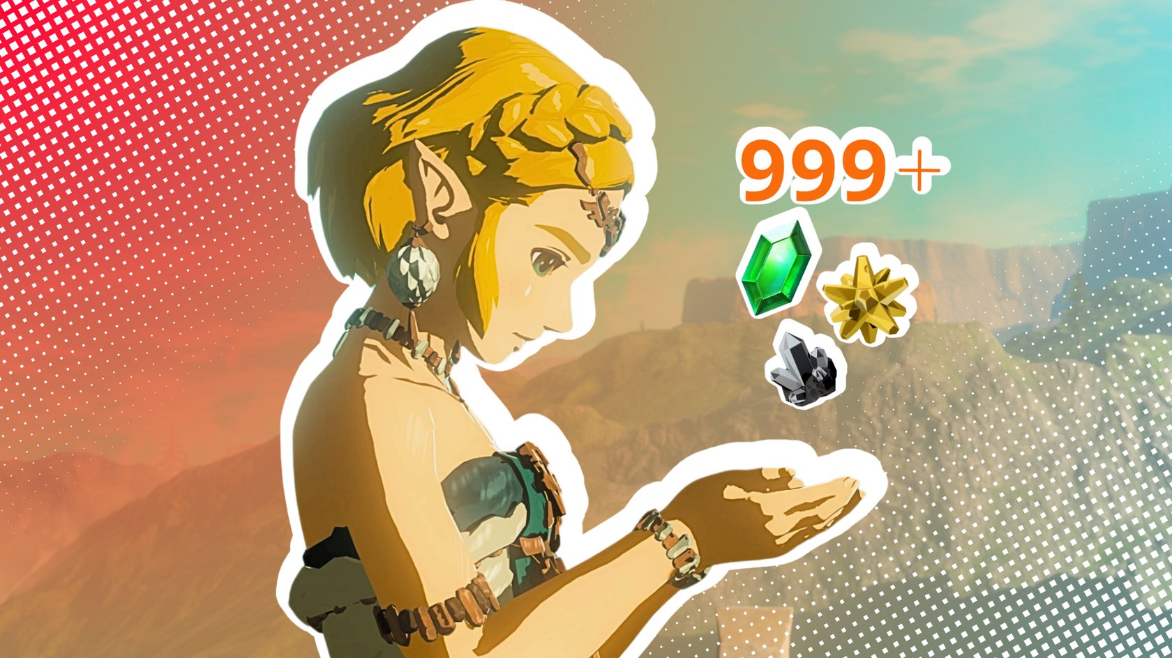Eine stilisierte Figur mit blondem Haar, Schmuck und einem schulterfreien Oberteil steht vor einer Landschaft mit Bergen und Himmel im Hintergrund. Rechts von der Figur sind Symbole für eine grüne Edelstein-Rupee, ein goldener Stern und ein schwarzer Kristall abgebildet, begleitet von der Zahl „999+“ in orangefarbener Schrift. Der Hintergrund hat eine Mischung aus Farbverläufen und gepunkteten Mustern.