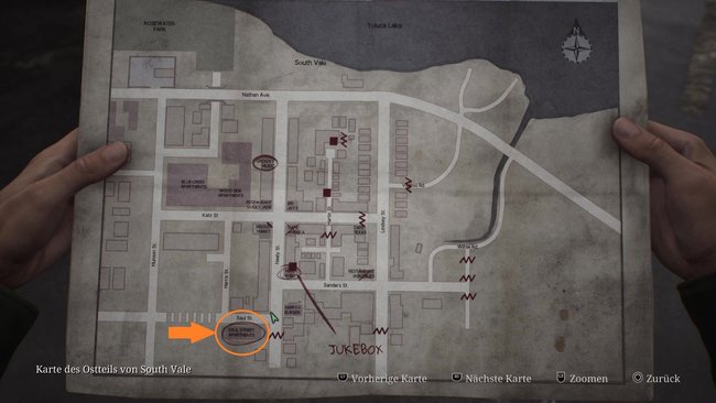 Der orange Kreis markiert den Fundort von "Saul Street Apartements" auf der Karte von Silent Hill 2.