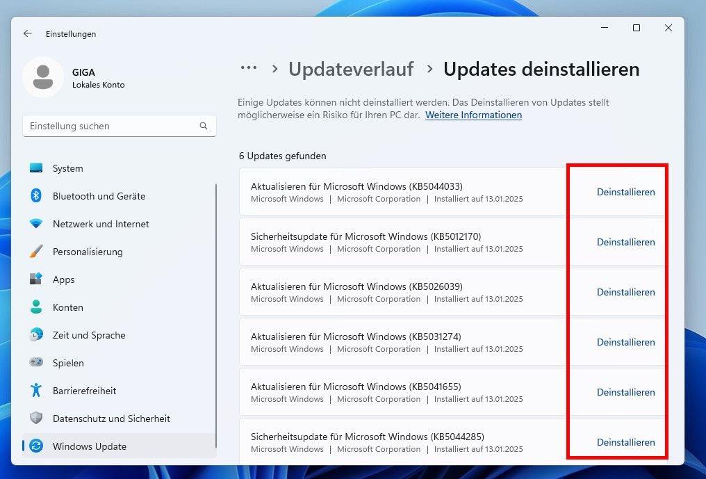 Windows 11: Auswahl-Fenster, um Updates zu deinstallieren.