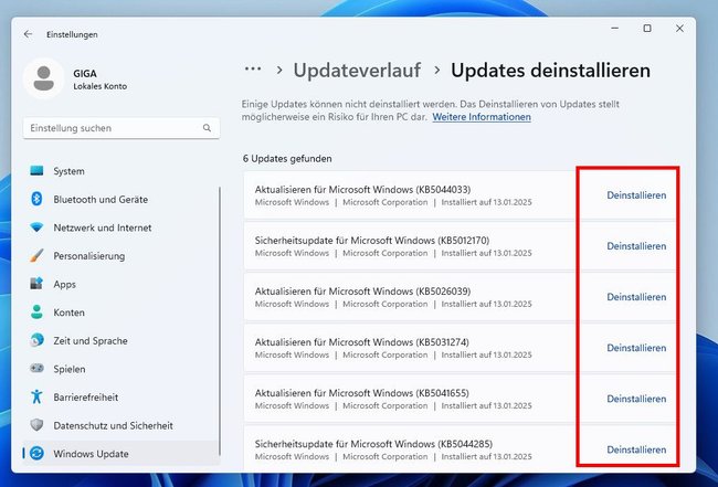 Windows 11: Auswahl-Fenster, um Updates zu deinstallieren.