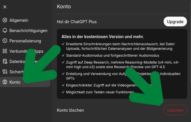 Wählt links den Menüpunkt „Konto“ an und tippt jetzt bei „Konto löschen“ auf den Button „Löschen“.