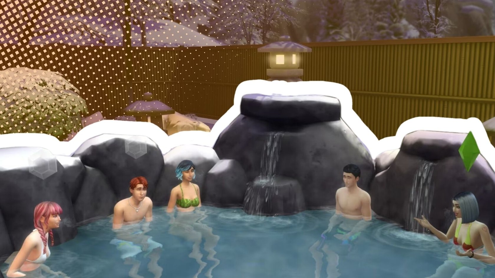 Das Bild zeigt eine Szene aus dem Spiel Die Sims 4. Drei Frauen und zwei Männer baden in einer heißen Quelle.