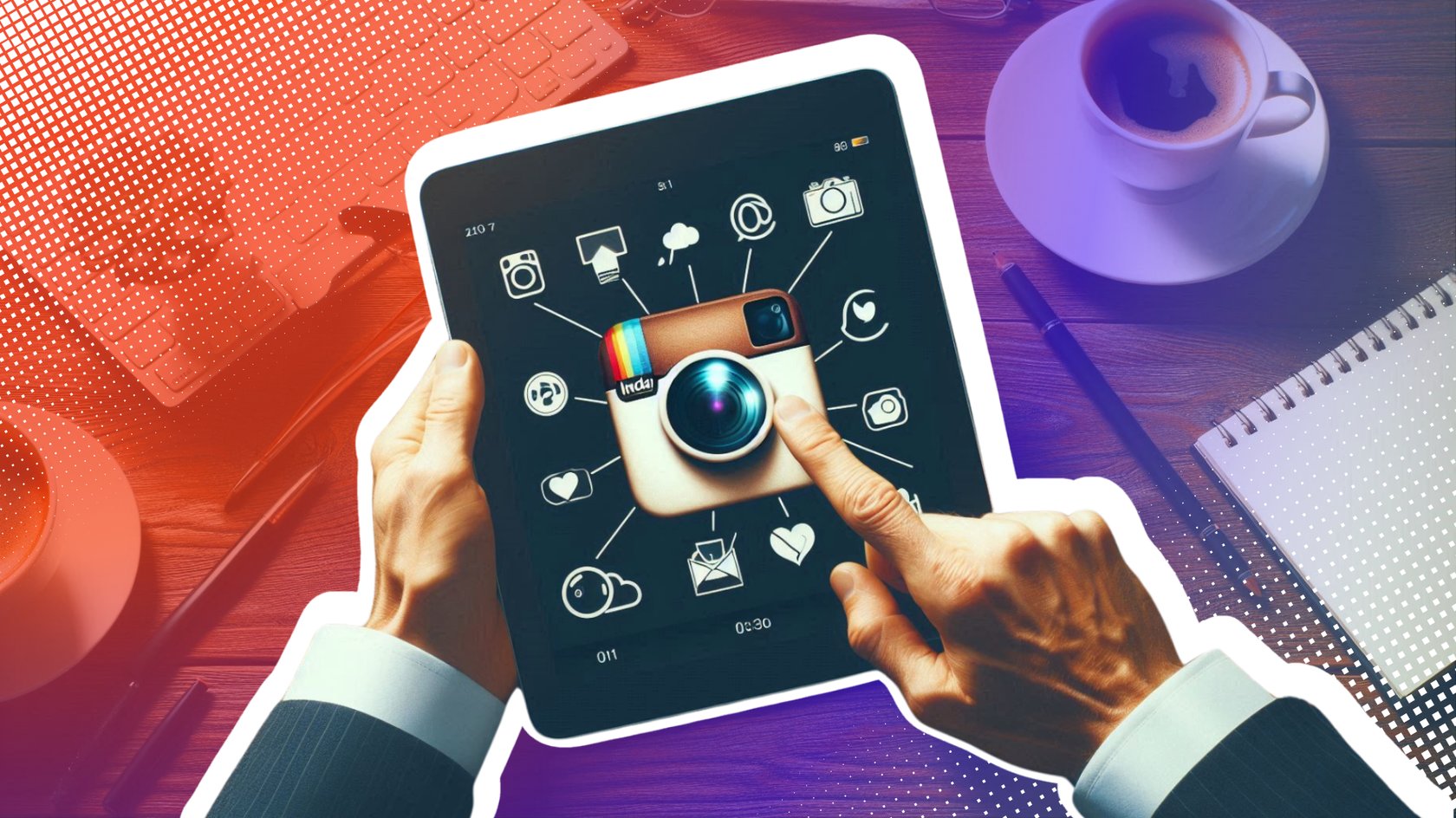 Draufsicht auf einen Schreibtisch mit einem Tablet, das das Instagram-Logo und verschiedene Social-Media-Symbole anzeigt, gehalten von zwei Händen in einem Anzug, umgeben von einer Tastatur, einer Sukkulente, zwei Kaffeetassen, zwei Stiften, einer Brille und einem Notizblock.
