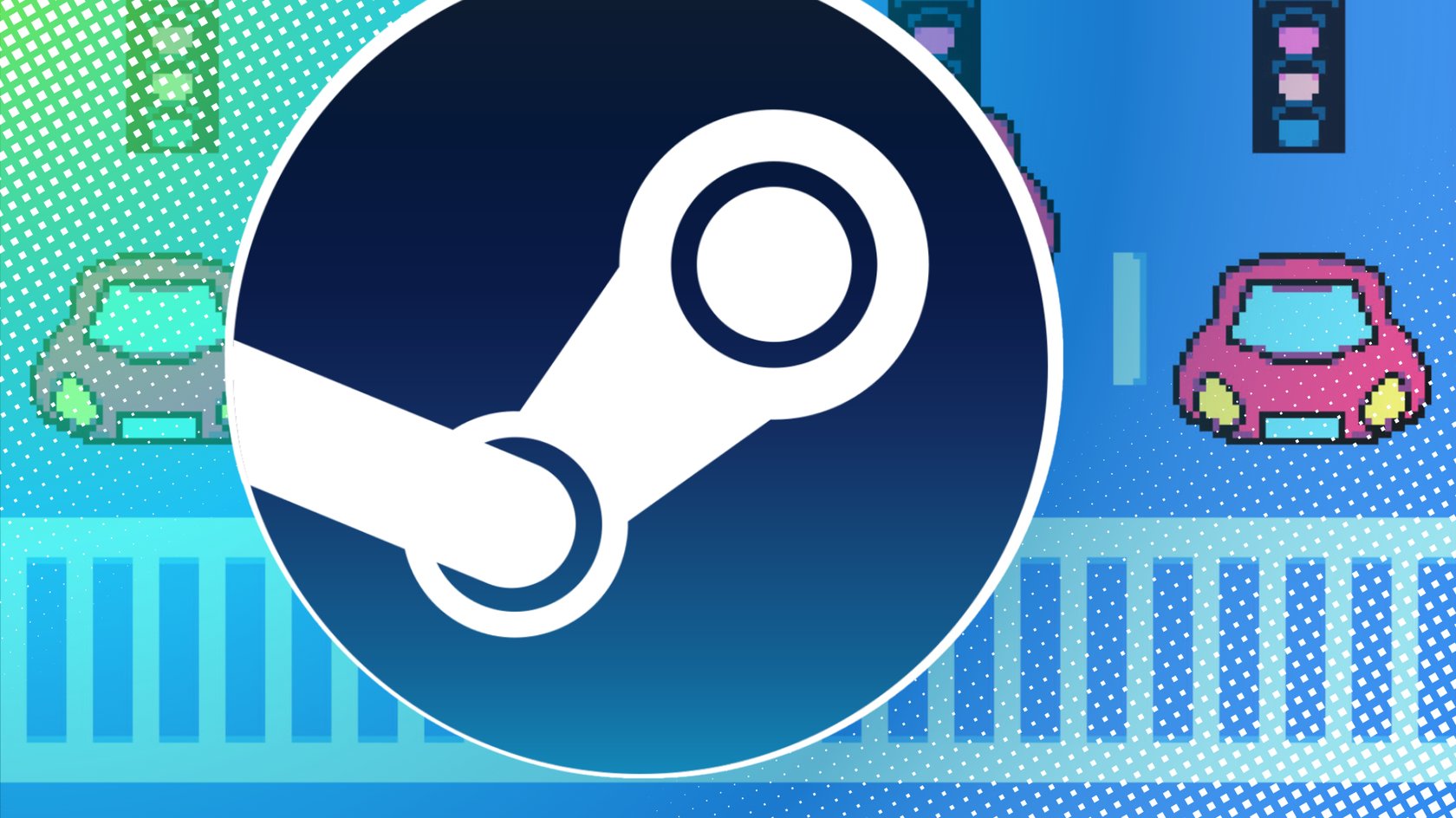 Steam-Logo vor einem Screenshot aus Deltarune, der Autos auf einer Straße zeigt.