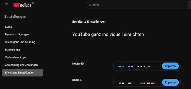 Unter den erweiterten Einstellungen findet ihr bei YouTube eure Channel- und User-IDs