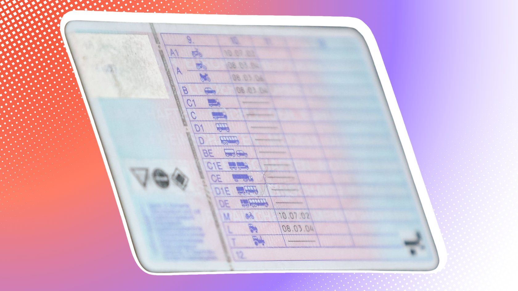 Die Rückseite von einem Führerschein im Scheckkartenformat mit den verschiedenen Führerscheinklassen ist zu sehen.