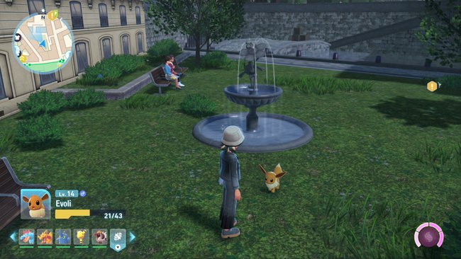 Die Spielfigur mit einem Evoli vor einem Brunnen in Pokémon-Legenden: Z-A.