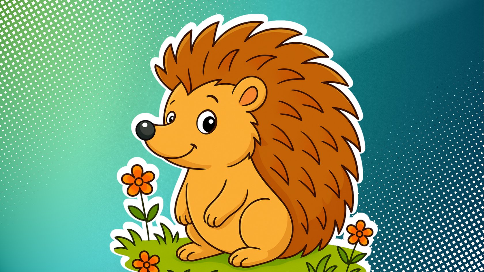 Illustrierter Igel auf einer Blumenwiese.