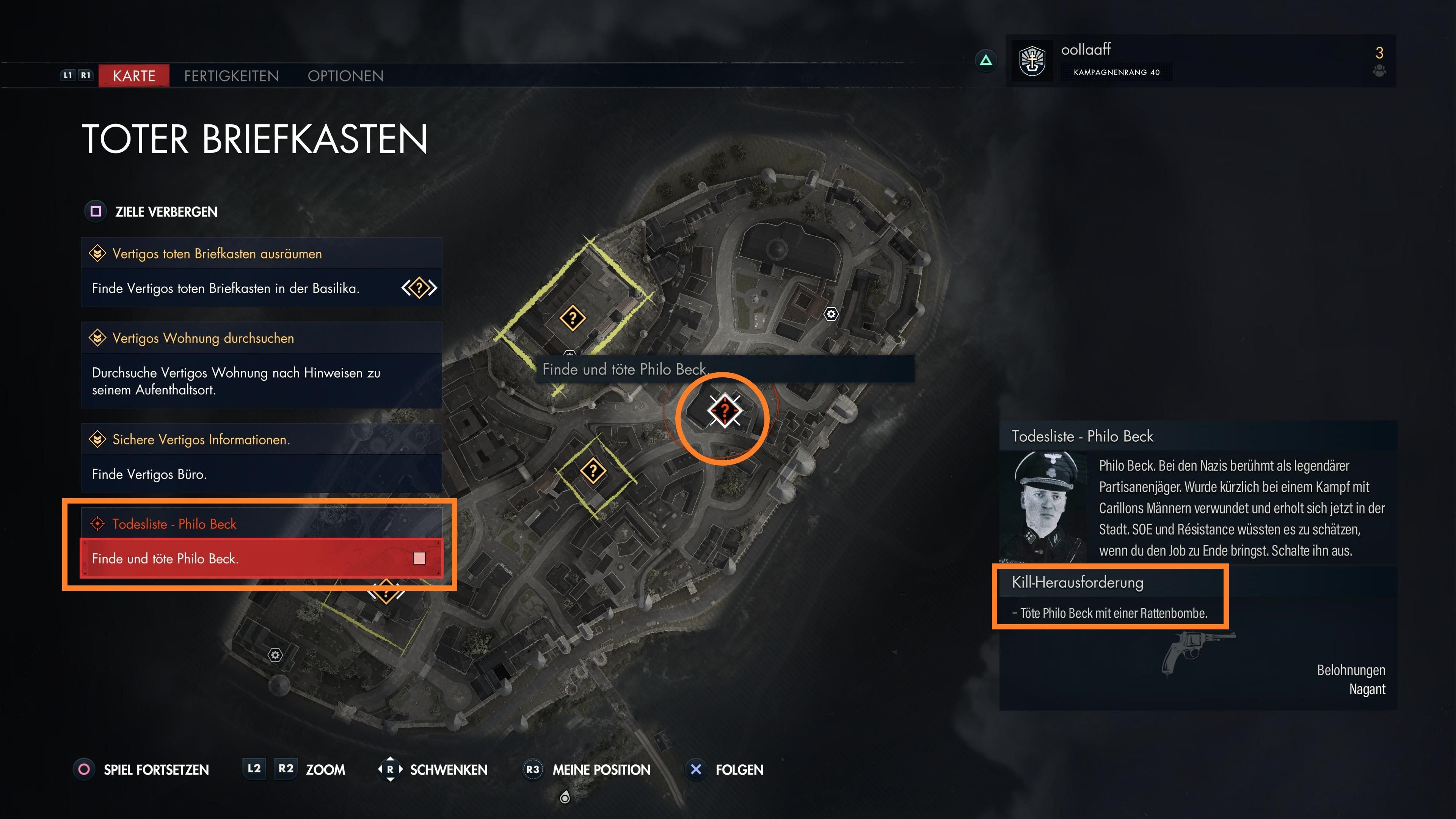 Das Bild zeigt die Map der Mission „Toter Briefkasten“ und die optionale Kill-Herausforderung von Beck.