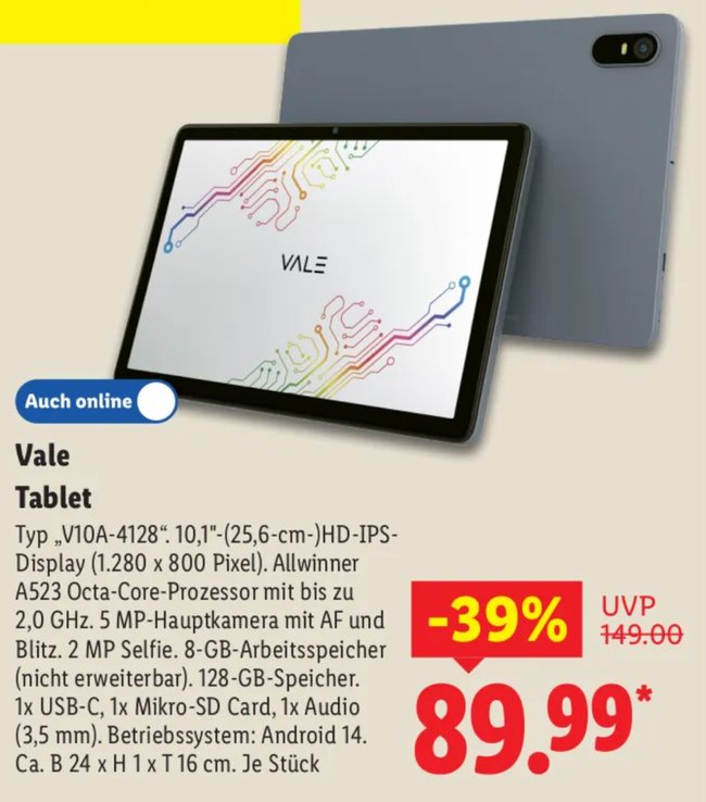Vale V10A-4128 Android-Tablet Lidl-Prospekt Screenshot: GIGA