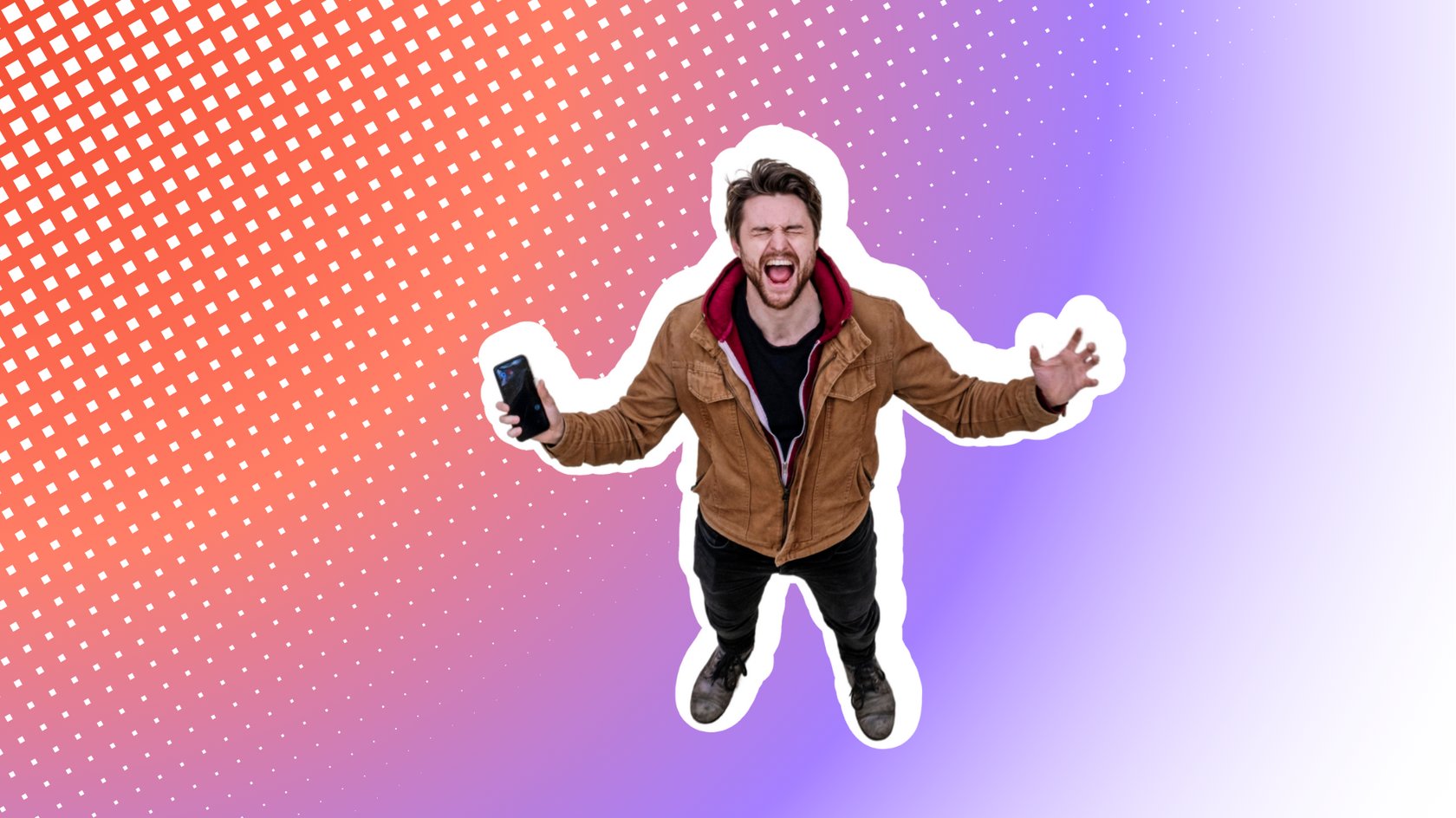 Ein Mann in brauner Jacke und dunklen Jeans steht auf einem hellen Boden, hält ein Smartphone in der Hand und schreit mit weit geöffnetem Mund und erhobenen Armen in die Kamera.