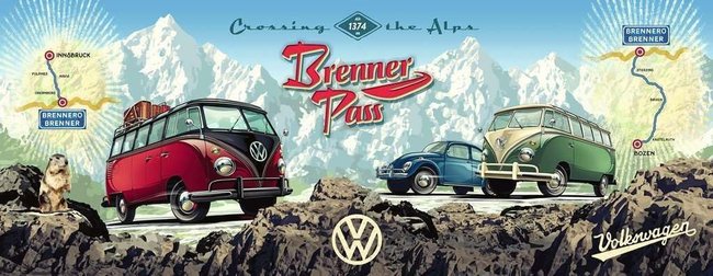 Das Puzzle mit zwei VW-Bullis und einem Käfer auf dem Brenner im Retro-Stil.