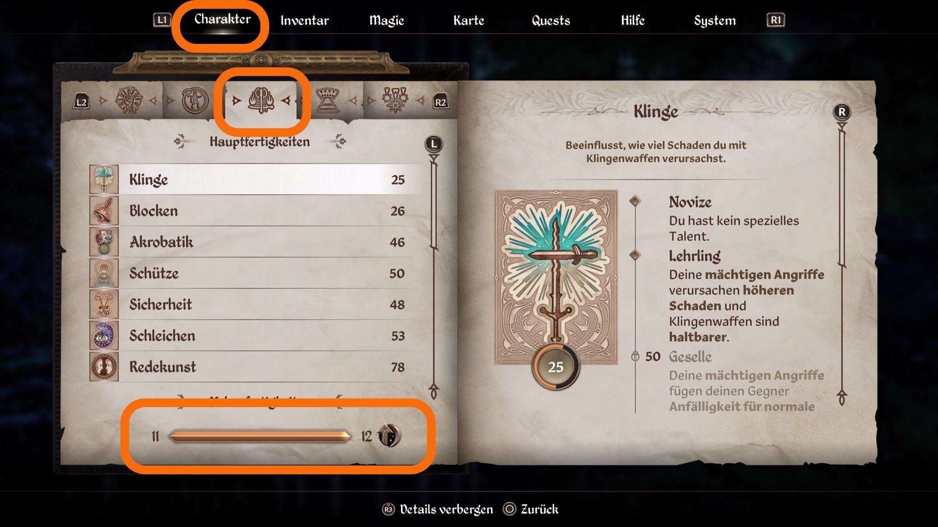 Charaktermenü und Levelbalken in Oblivion Remastered