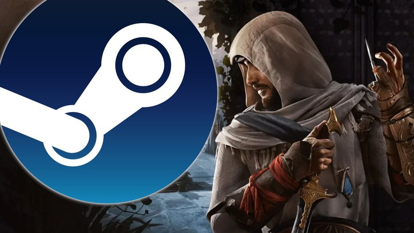 Artwork für Assassin’s Creed Mirage mit dem Steam-Logo im Vordergrund.