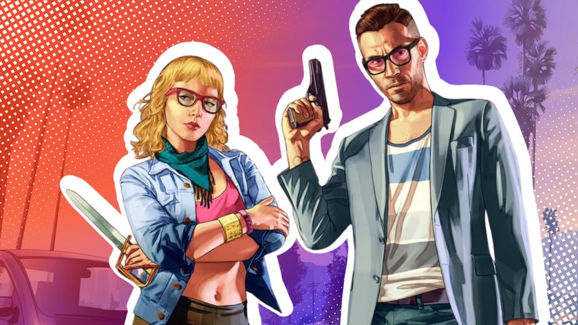 Artwork aus GTA Online von einem Mann mit einer Pistole und einer Frau mit einem Messer.