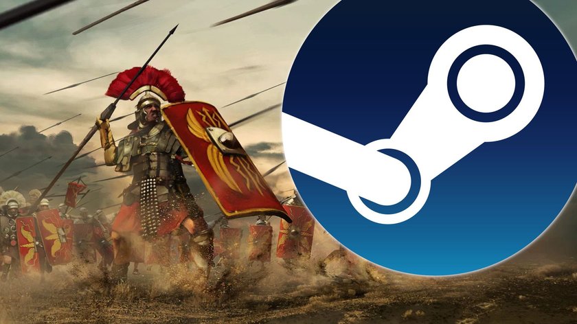 Artwork aus Expeditions: Rome, das einen römischen Legionär zeigt. Im Vordergrund das Steam-Logo.