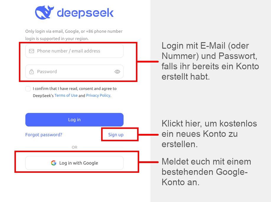 Erklärung der Anmeldemaske von DeepSeek im Browser.