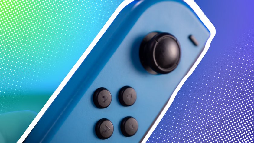 Joy-Con der Nintendo Switch vor einem blaugrünen Hintergrund.