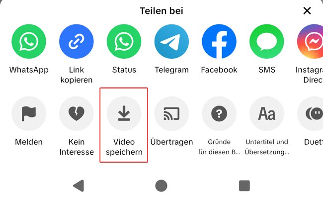 Screenshot eines Android-Smartphones mit dem "Teilen bei"-Menü. Verschiedene App-Icons wie WhatsApp, Telegram und Facebook werden angezeigt, zusammen mit Optionen wie "Link kopieren", "Video speichern" (rot umrandet) und "Melden". Navigationsleiste mit den üblichen Android-Symbolen am unteren Bildschirmrand.