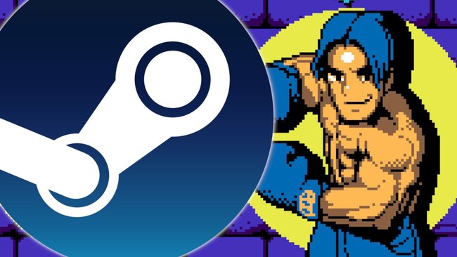 Bild eines Boxers aus UFO 50 und davor das Steam-Logo