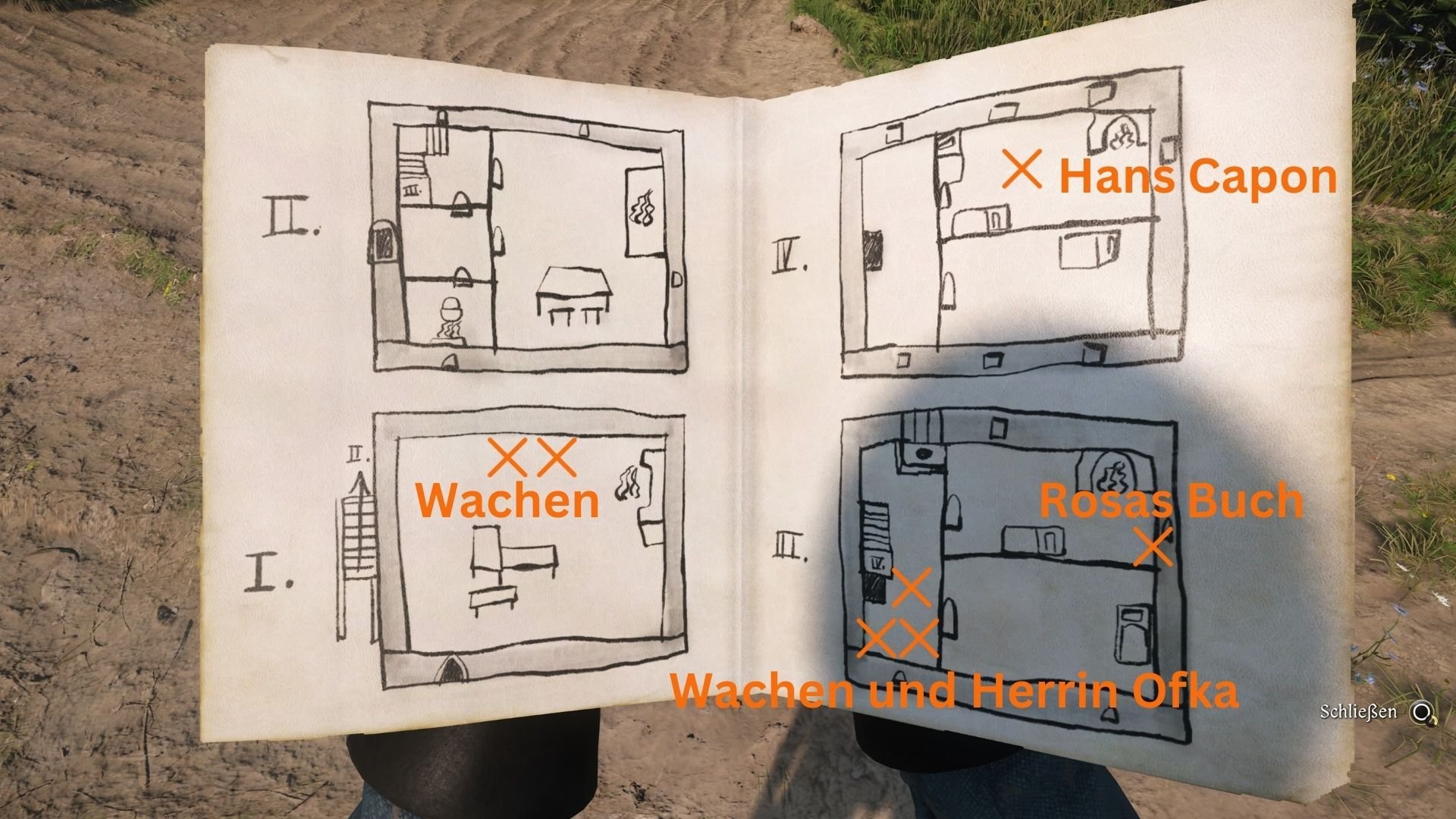 Standorte von Hans, Rosas Buch und Wachen im zentralen Turm der Festung.