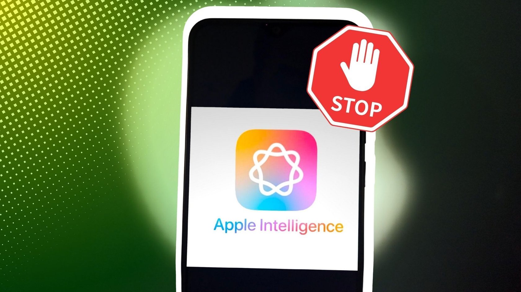 Ein Smartphone mit Apple Intelligence und ein Stopp-Symbol davor.