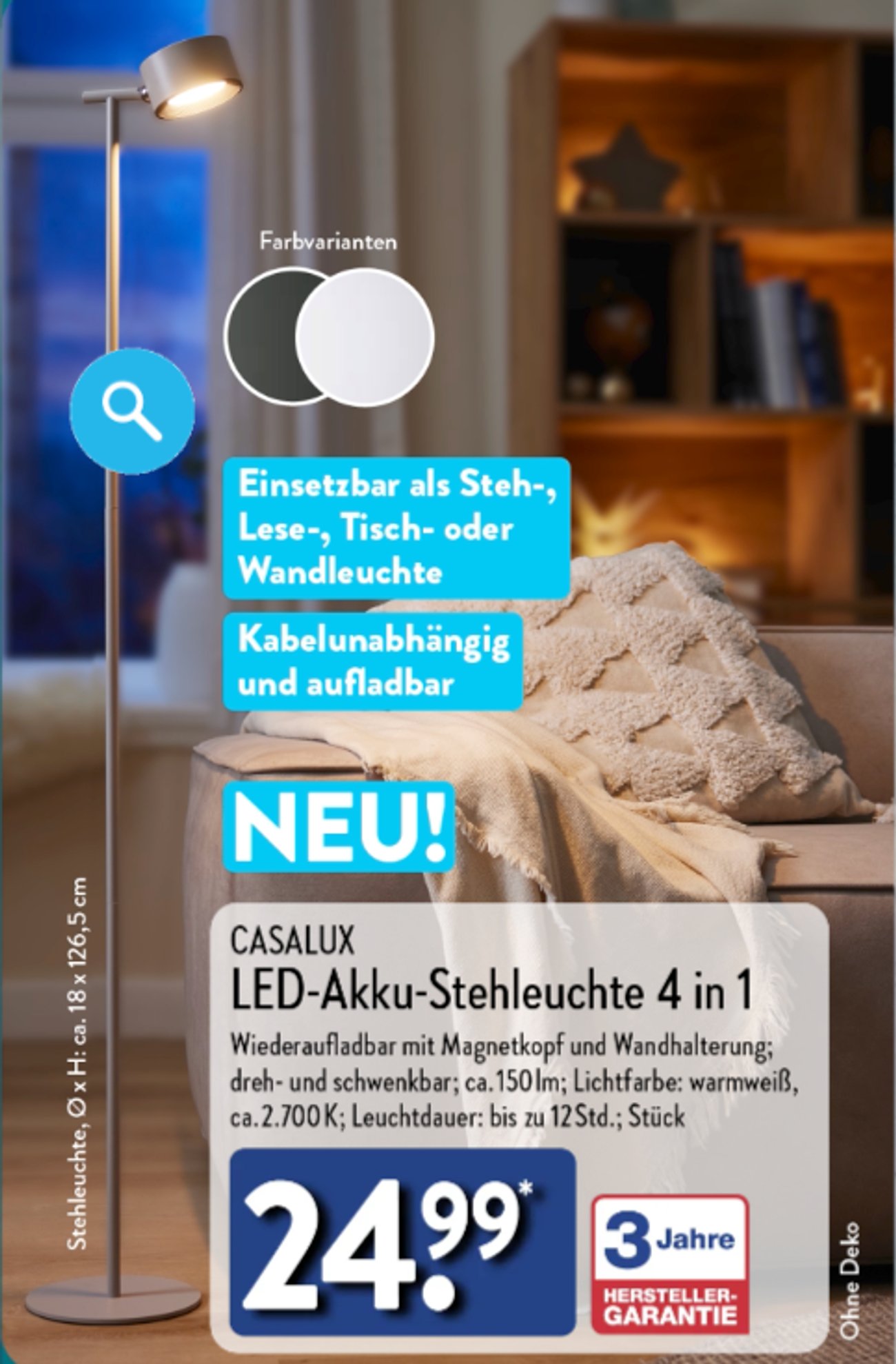 Aldi verkauft heute eine 4in1Stehlampe für 24,99 Euro, die keine