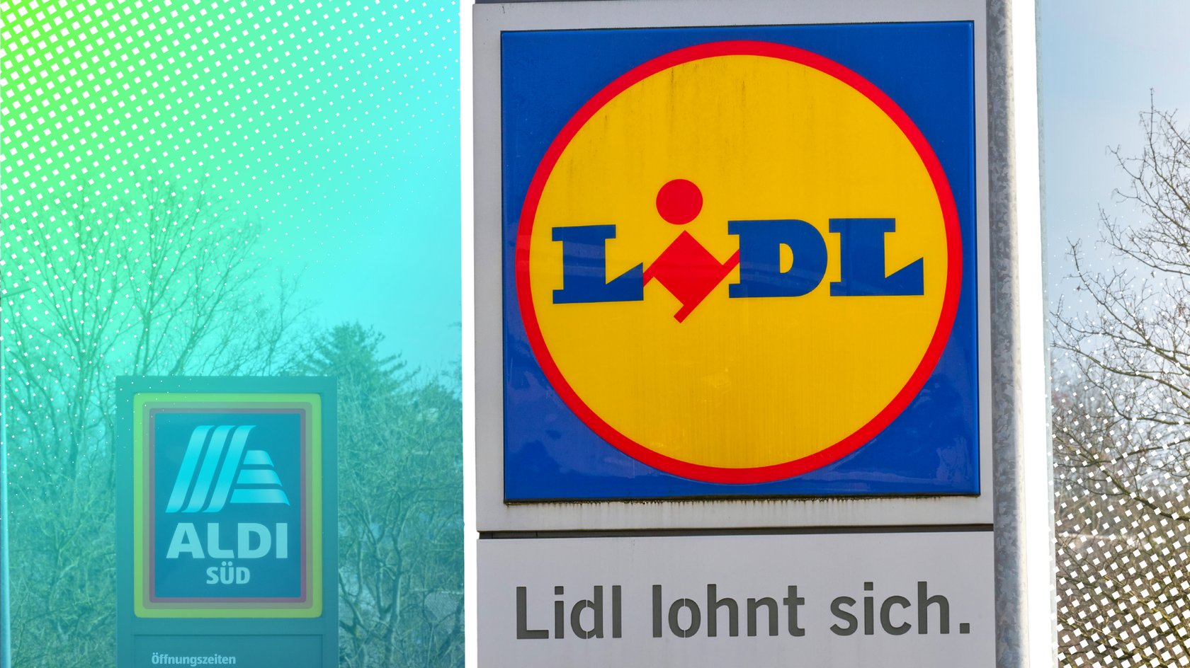 Ein Lidl-Schild neben einem Aldi-Schild.