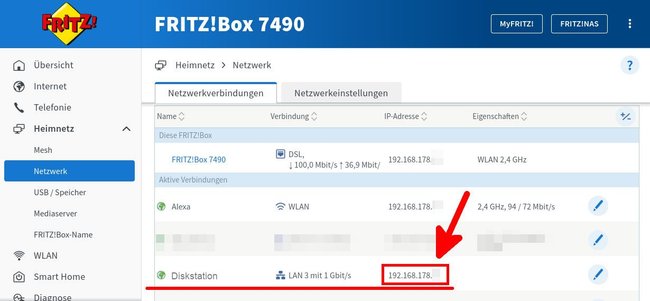 Hier steht die IP-Adresse des NAS.