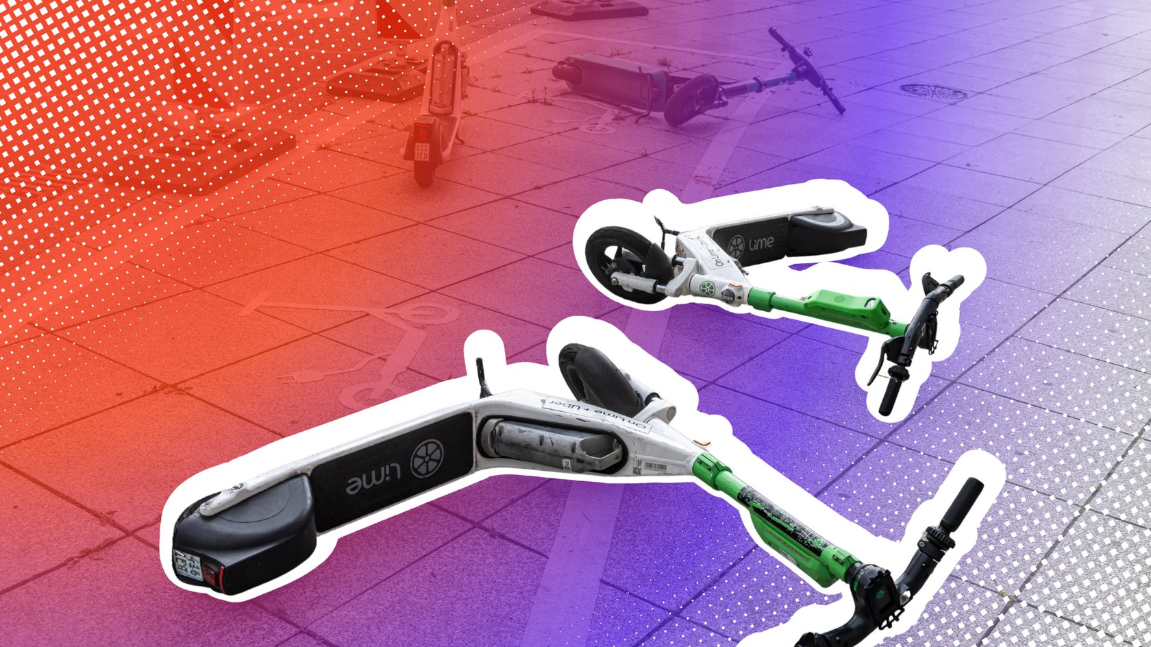 E-Scooter der Firma Lime liegen in Stuttgart auf und neben einer Abstellfläche