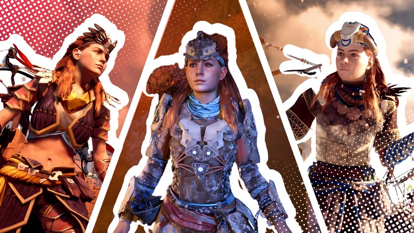 Collage aus drei Bildern der fiktiven Figur Aloy aus dem Videospiel „Horizon Zero Dawn“ in unterschiedlichen Outfits. Links trägt sie eine Rüstung mit Leder- und Metallteilen, in der Mitte eine vollständige Rüstung mit Helm und Kriegsbemalung, und rechts ein Outfit mit Fell- und Stoffelementen sowie einer Kopfbedeckung mit Hörnern. Der Hintergrund ist in einem Comic-Stil mit Farbverläufen und Rasterpunkten gestaltet, und die Bilder sind durch weisse Konturen voneinander getrennt.