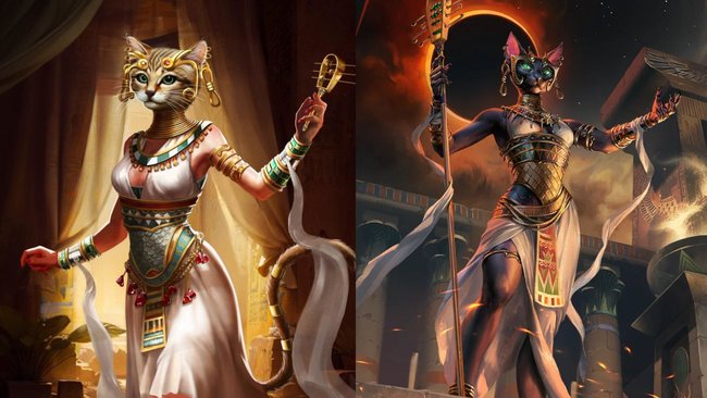 Altes und neues Götterportrait von Bastet aus Age of Mythology