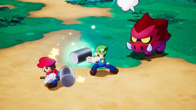 Mario und Luigi bei einer Paar-Hammerattacke in Mario & Luigi: Brothership.