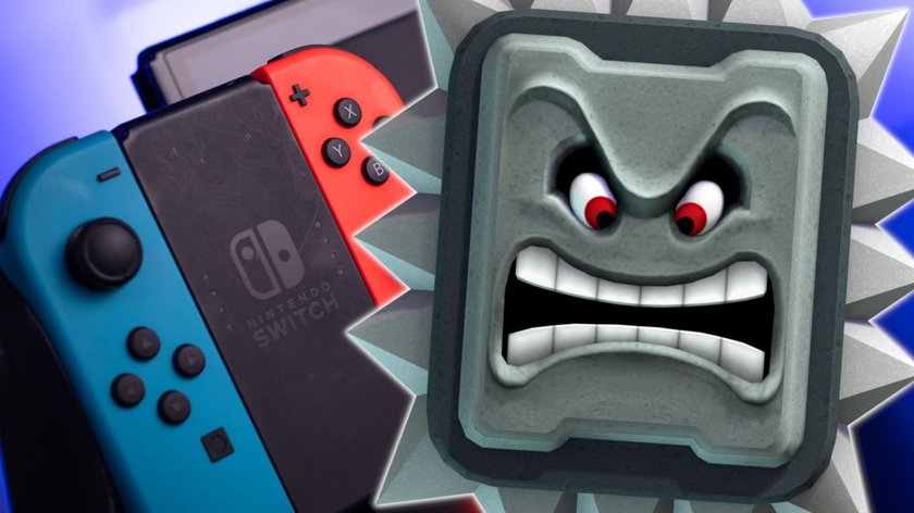 Thwomp  aus der Super-Mario-Reihe, im Hintergrund eine Nintendo Switch