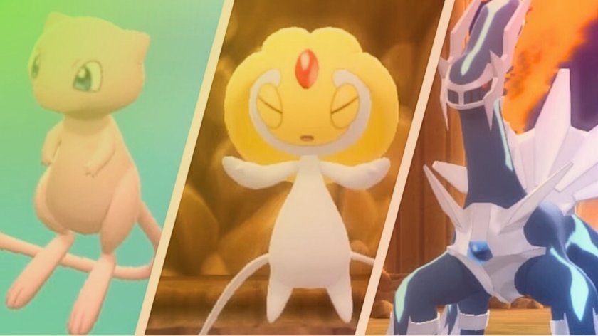 Die Pokémon Mew, Selfe und Dialga aus Strahlender Diamant & Leuchtende Perle.