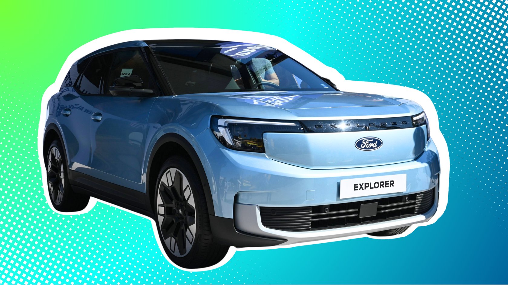 E-Auto Ford Explorer vor grün-blauem Hintergrund