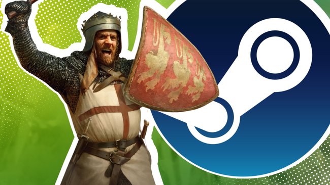 Kreuzritter aus Stronghold Crusader: Definitive Edition vor dem Steam-Logo.