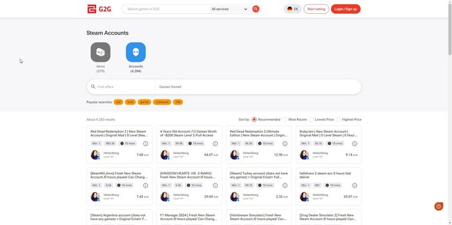 Screenshot der Website G2G, die Steam-Accounts und Artikel zum Verkauf anbietet. Oben befinden sich zwei Symbole für "Items" (279) und "Accounts" (4'284). Darunter eine Suchleiste und beliebte Suchbegriffe wie "cs2" und "cyberpunk". Im unteren Bereich sind verschiedene Angebote von Steam-Accounts mit Preisen, Verkäufern und Details wie Spielzeit und Level aufgeführt.  