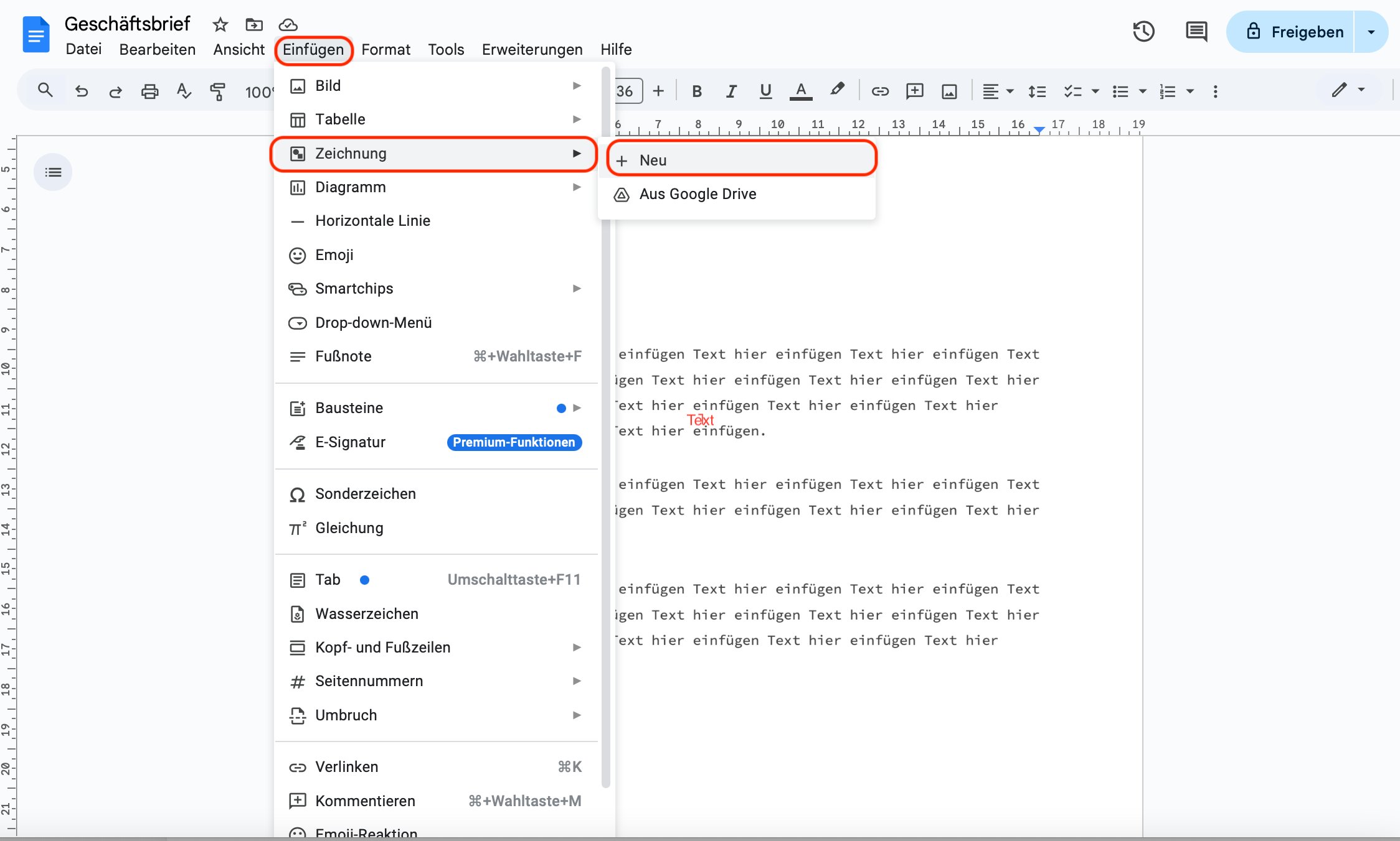 So gelangt ihr zur Zeichenfunktion bei Google Docs.