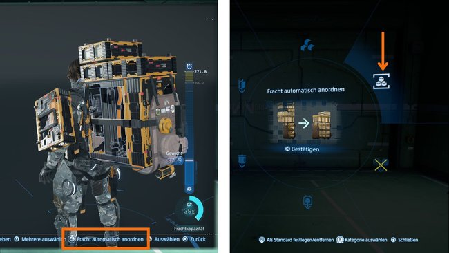 Möglichkeiten um in Death Stranding 2 die Fracht im Menü automatisch anordnen zu lassen
