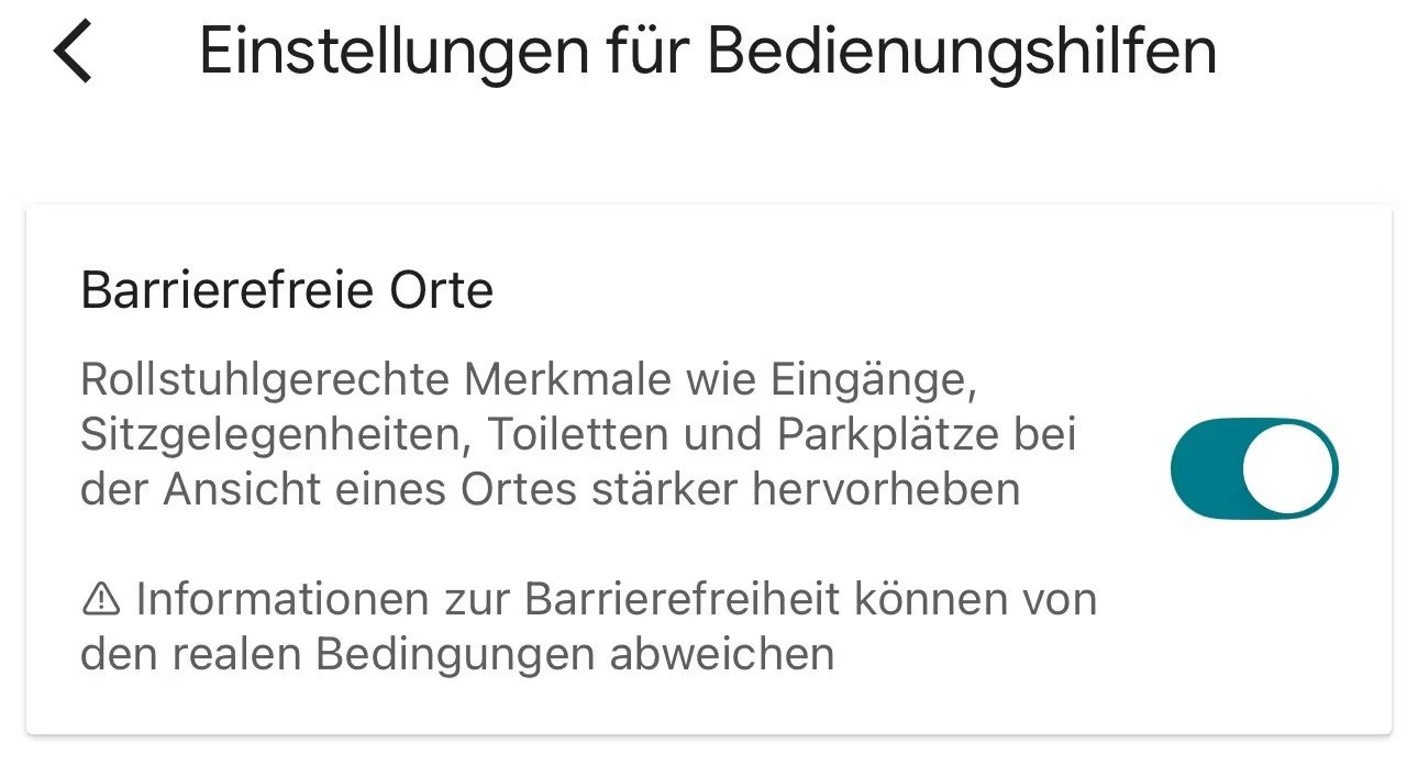 Feld „Barrierefreie Orte“ mit Toggle zum Aktivieren und Deaktivieren.