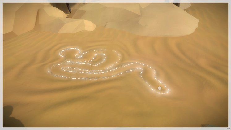 Schaut auf den Boden und zeichnet die Linie in den Wüstensand.
