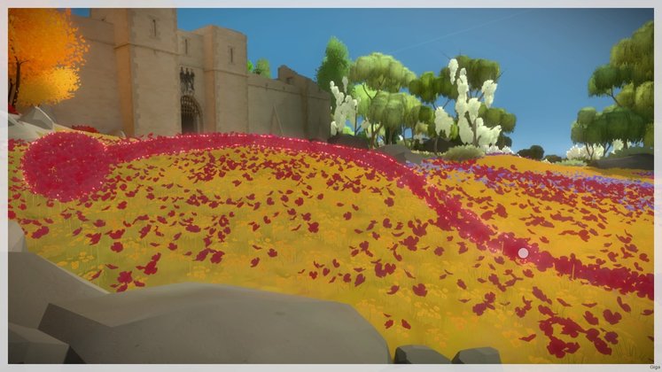 Positioniert euch südwestlich der Festung, bis die roten Blumen dieses Bild ergeben und euch eine Linie einzeichnen lassen.