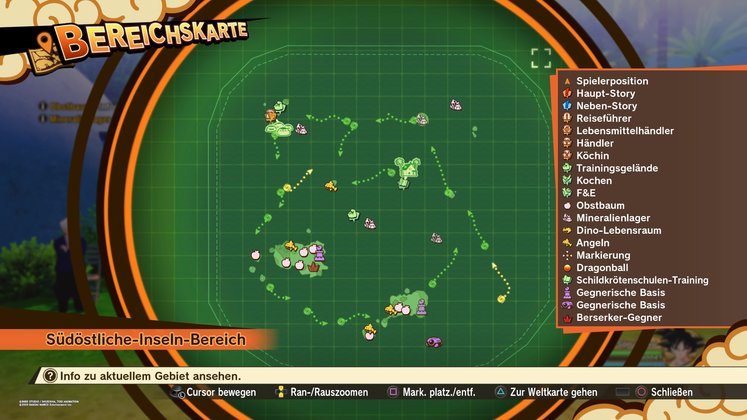 Alle Obstbäume, Mineralienlager, Dino-Lebensräume und Angelstellen im Südöstliche-Inseln-Bereich