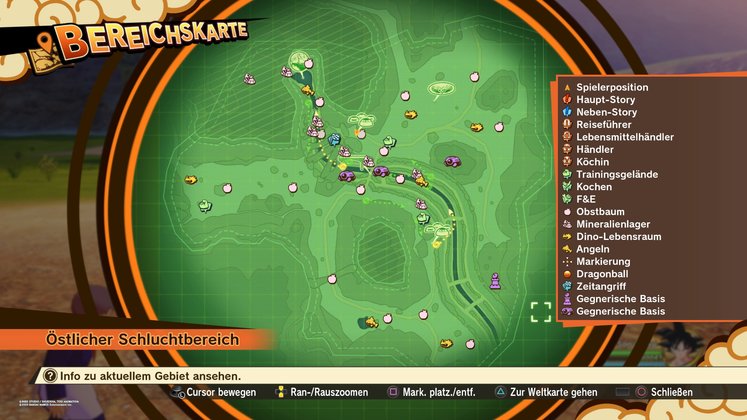 Alle Obstbäume, Mineralienlager, Dino-Lebensräume und Angelstellen im östlichen Schluchtbereich