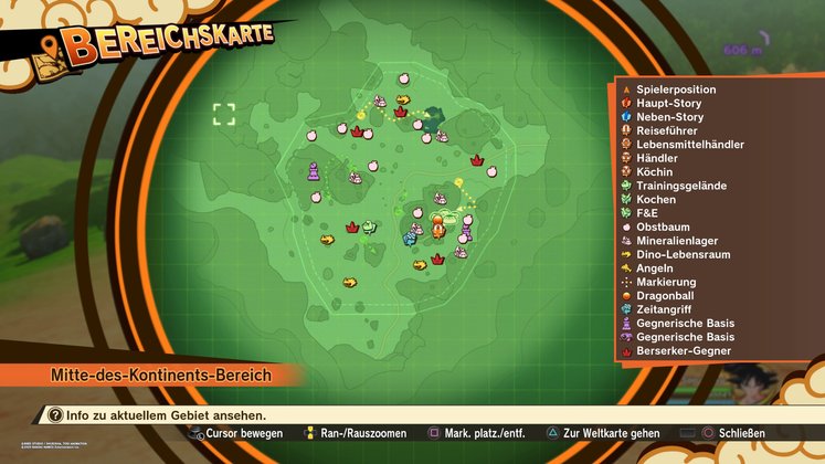 Alle Obstbäume, Mineralienlager, Dino-Lebensräume und Angelstellen im Mitte-des-Kontinents-Bereich