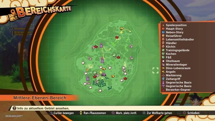 Alle Obstbäume, Mineralienlager, Dino-Lebensräume und Angelstellen im Mittleren-Ebenen-Bereich