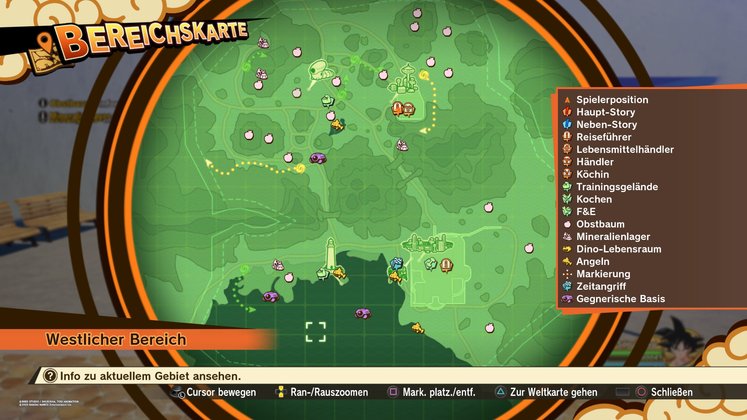 Alle Obstbäume, Mineralienlager, Dino-Lebensräume und Angelstellen im westlichen Bereich