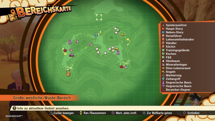 Alle Obstbäume, Mineralienlager, Dino-Lebensräume und Angelstellen im Große-westliche-Wüste-Bereich